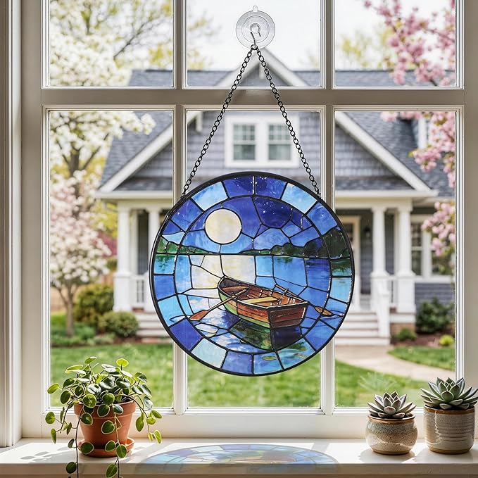 Hanging Stained Glass for Windows,20cm/7.87inch The Boat Beneath the Moon Stained Glass Suncatcher with Chain Garden Diamond Glass Panel Hangings Decoration for Family Friends Colleagues