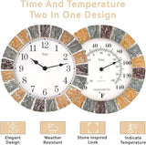 Lily's Home 10 inch Indoor or Outdoor Hanging Wall Clock and Thermometer Set,Stone Frame Battery Operated Quartz Movement, Operated Decor for Family Room, Office, Game Room,Garden, Backyard, Pool