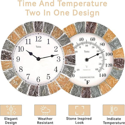 Lily's Home 10 inch Indoor or Outdoor Hanging Wall Clock and Thermometer Set,Stone Frame Battery Operated Quartz Movement, Operated Decor for Family Room, Office, Game Room,Garden, Backyard, Pool