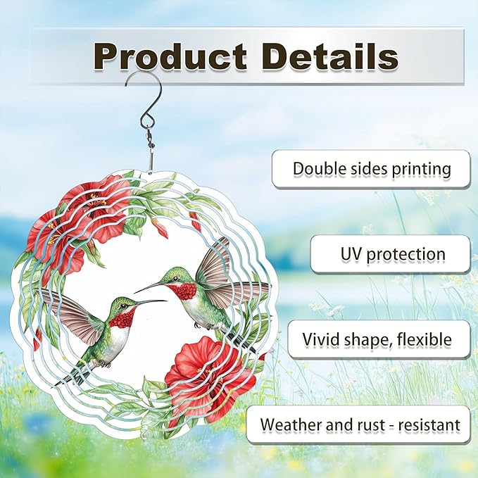 Hummingbird Wind Spinners Outdoor, Hanging Wind Spinner for Garden Decoration, 8 inch 3D Stainless Steel Metal Wind Sculpture for Indoor/Outdoor Decor
