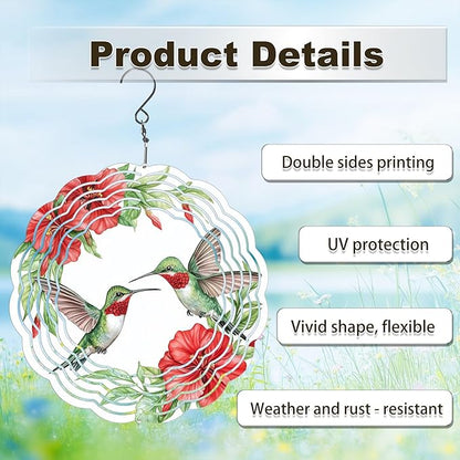 Hummingbird Wind Spinners Outdoor, Hanging Wind Spinner for Garden Decoration, 8 inch 3D Stainless Steel Metal Wind Sculpture for Indoor/Outdoor Decor