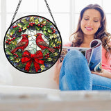 DASTOLL Stained Glass Window Hanging - Cardinals Green Wreath Suncatcher for Doors Home Christmas Decoration Red Bird Sun Catcher Thanksgiving New Year Birthday Gift for Women Men Mom Nana 14.9 in