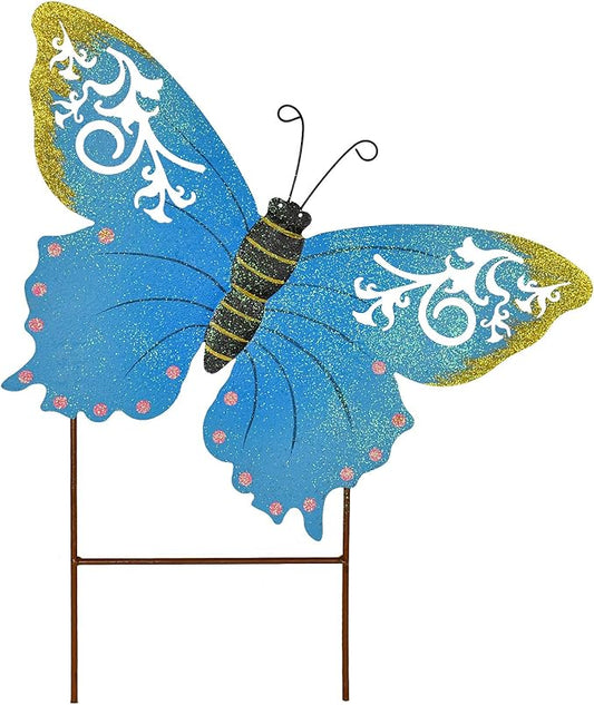 Butterfly Garden Stake Decorative Butterfly Yard Stake, Cute Insect Decor Metal Yard Art Decor Outdoor Garden Decoration for Patio Porch Lawn Pathway Backyard (Blue)