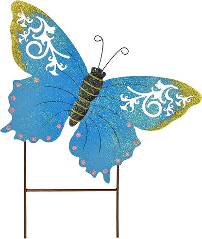 Decorative Butterfly Garden Decor Outdoor Butterfly Garden Stake Decor, Metal Butterfly Yard Stake Garden Insect Decor Patio Lawn Backyard Decor (Blue)