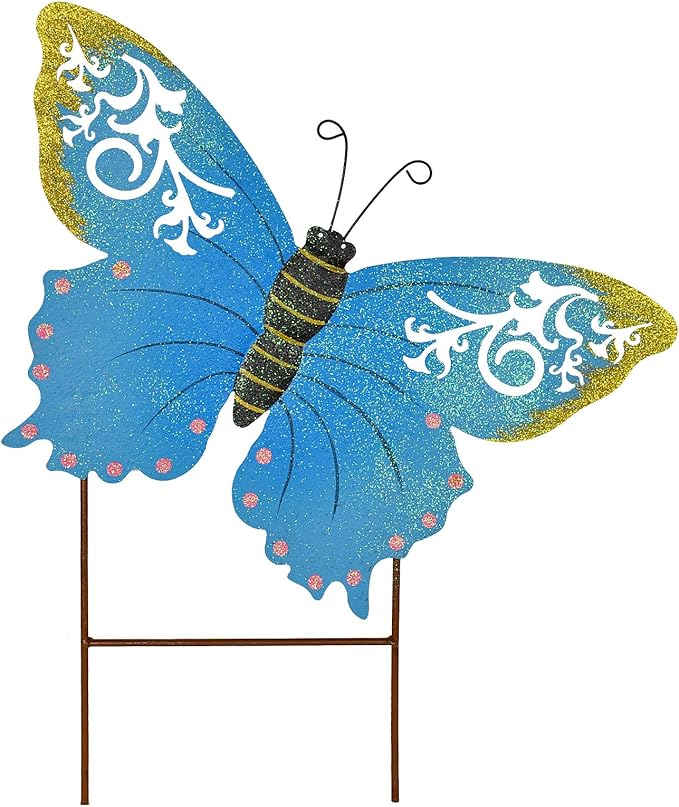 Linfevisi Metal Butterfly Garden Stakes Decor Spring Decorative Butterflies Yard Stake Lawn Ornaments Garden Decor Yard Art Decor Outdoor 18.5 Inch (Blue)