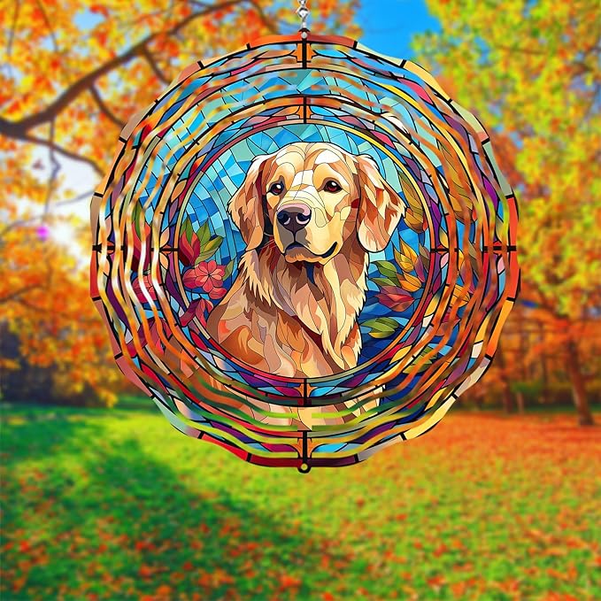 Golden Retriever Wind Spinner Pet Dog Memorial Gifts, Vibrant 3D Kinetic Aluminum Metal Hanging Outdoor Garden Decor, Loss of Dogs Sympathy Gifts, 8" Wind Sculptures for Patio, Porch Yard Art (GR3)