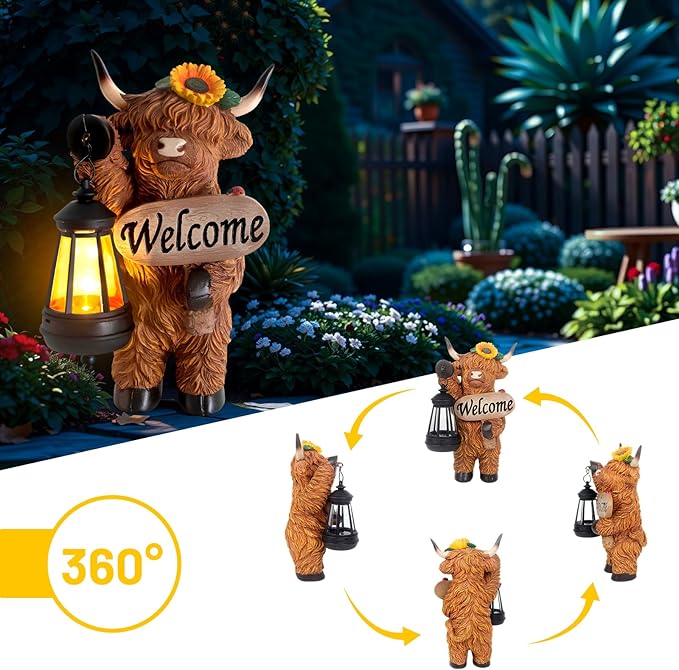 Garden Highland Cow Decor, Solar Outdoor Statue with Lantern Funny Highland Cow Figurine for Yard Garden Patio Lawn Ornaments - Unique Birthday Gifts for Mom, Women