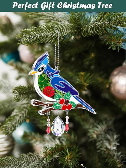 KY&BOSAM Blue Bird Crystal Suncatcher for Windows 8" Hanging Ornaments Stained Glass Wind Chimes with Metal Charms, Colorful Rainbow Prisms Garden Decor for Mom/Grandma, Christmas Wedding Gifts
