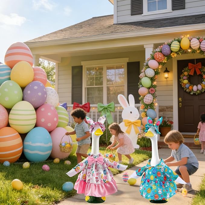 Easter Outfit for Porch Goose, Bunny Ear Hat with Easter Egg, Blue Dress Fit 17-23 Inch Goose Decoration, Holiday Costume for Front Porch Lawn Garden