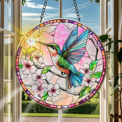 VAIIEYO Hummingbird Sun Catcher Stained Glass Window Hanging Ornament, Handmade Sun Catcher Animal Decoration with Hooks, Window Garden Home, Birthday Housewarming (7.8 inch)