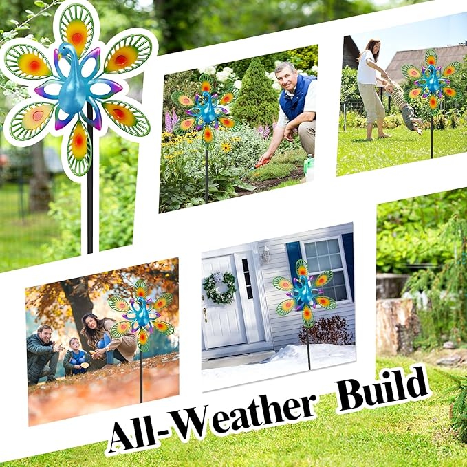 Metal Wind Spinners Outdoor, 360° Wind Sculpture Spinner with Metal Stake, Waterproof Spinners Green Kinetic Wind Spinner for Yard Lawn Decor (Peacock A)