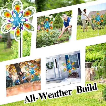 Metal Wind Spinners Outdoor, 360° Wind Sculpture Spinner with Metal Stake, Waterproof Spinners Green Kinetic Wind Spinner for Yard Lawn Decor (Peacock A)