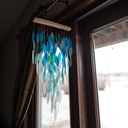 Blue Handworks Deluxe Ocean Ombre Waterfall & Driftwood Chime, Sandblasted Glass and Found Wood Handcrafted Wind Chime