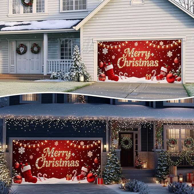 IVN Christmas Garage Door Cover Decoration 13x6ft Red Stockings Candy Canes Snowflakes Ornaments Merry Christmas Winter Garage Door Banner Home Door Front Yard Decor for Xmas Eve Holiday Outdoor