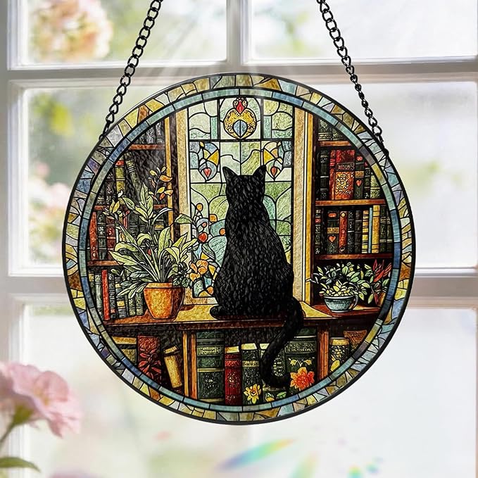 Stained Glass Window Hanging, 8 Inch Black Cat Suncatcher, Sun Catchers Indoor Window, Book Suncatchers for Windows Hanging, Spring Home Garden Librarian Decor Panel, Book Lover Gifts for Women Men