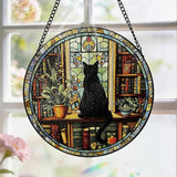 Stained Glass Window Hanging, 8 Inch Black Cat Suncatcher, Sun Catchers Indoor Window, Book Suncatchers for Windows Hanging, Spring Home Garden Librarian Decor Panel, Book Lover Gifts for Women Men