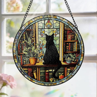 Stained Glass Window Hanging, 8 Inch Black Cat Suncatcher, Sun Catchers Indoor Window, Book Suncatchers for Windows Hanging, Spring Home Garden Librarian Decor Panel, Book Lover Gifts for Women Men