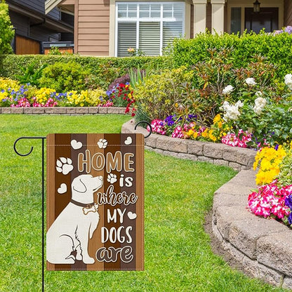 Dyrenson Home is Where My Dogs are Decorative Garden Flag, Pet Paw Print Yard Outside Home Decorations Dog Lover Gifts, Farmhouse Rustic Burlap Outdoor Small Decor Double Sided 12 x 18