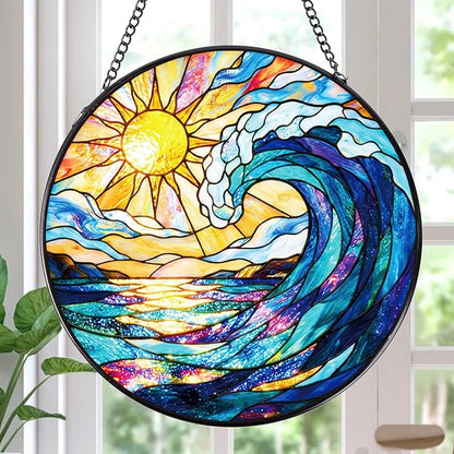 Rngmsi Stained Glass Window Hanging, 7.8″ Sea Sun Catchers with Hook Indoor Window Decor, Decorative Suncatchers Hanging Ornaments Home Garden Art Gift for Housewarming