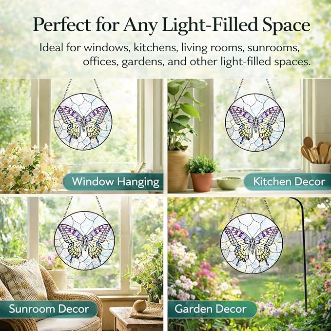 Butterfly Suncatcher Window Hanging, 7.8" Stained Glass Butterfly Decor, Meaningful Gift for Family, Friends and Loved Ones, Elegant Window Decor for Living Room, Sunroom, Office and Garden