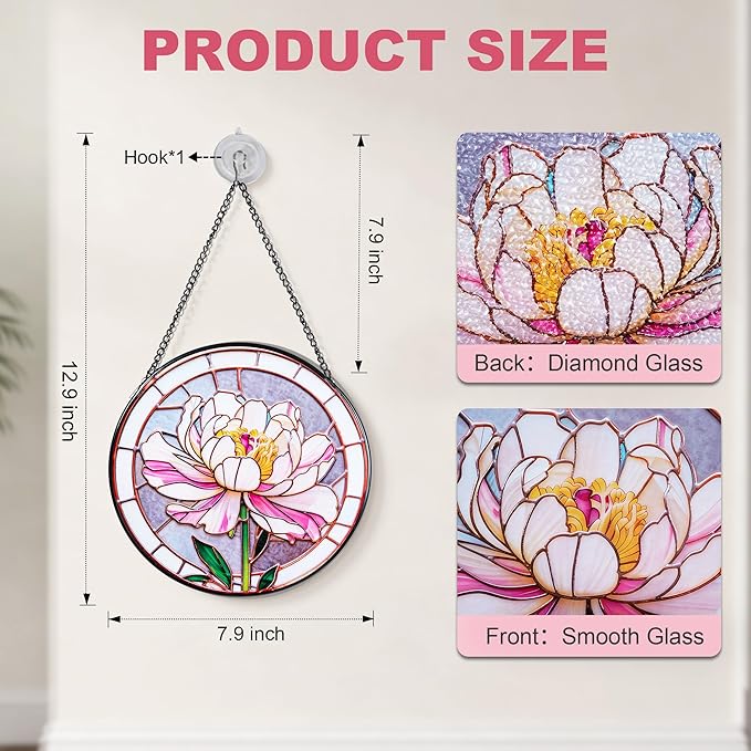 Stained Glass Window Hanging, Pink Peony Suncatcher 7.8 in Sun Catcher Glass Panel Boho Wall Art Decor with Chain Diamond Glass Panel Hangings Scenery Sun Catchers Decor for Lover Couple Mom