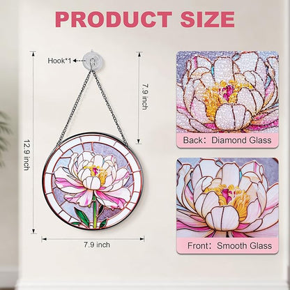 Stained Glass Window Hanging, Pink Peony Suncatcher 7.8 in Sun Catcher Glass Panel Boho Wall Art Decor with Chain Diamond Glass Panel Hangings Scenery Sun Catchers Decor for Lover Couple Mom