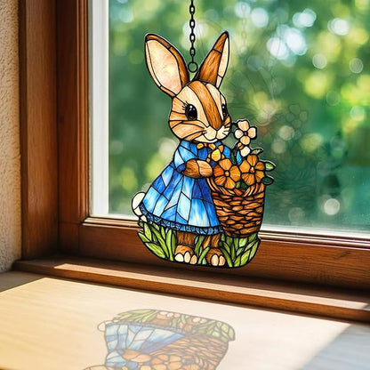 Whimsical Bunny Mosaic Warm Floral Acrylic Suncatcher Stained Glass Effect Window Car Hanging Christmas Ornament Indoor Outdoor Decor Garden Sun Catcher Panel for Easter Lover for Women Mom Grandma
