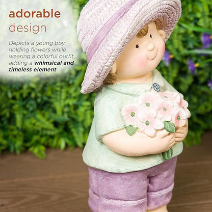 Alpine Corporation QWR1458 Outdoor Little Boy with Flowers Garden Statue, Playful Child Statue for Yard, 16" H, Purple