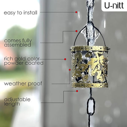 Rain Chain Water Collection for Gutters, Rainwater Catcher & Diverter, 8.5 FT Chains for Outside Garden, Antique Light Up Cups, Roof Downspout, Works with Heavy Rain, w/ Gutter Clip for Rainchains