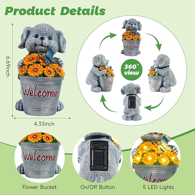 Solar Garden Decor Dog Statue Outdoor Christmas Decorations Dog Figurine Light with Bucket for Outdoor Patio Balcony Yard Porch Lawn for Women Mom Grandma Family Friend