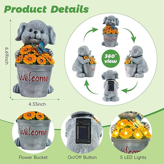 Solar Garden Decor Dog Statue Outdoor Christmas Decorations Dog Figurine Light with Bucket for Outdoor Patio Balcony Yard Porch Lawn for Women Mom Grandma Family Friend