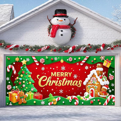 IVN Candy Cane Gingerbread Christmas Scene Garage door banner Door Cover Indoor And Outdoor Studio Background Hanging Decoration 13x6ft