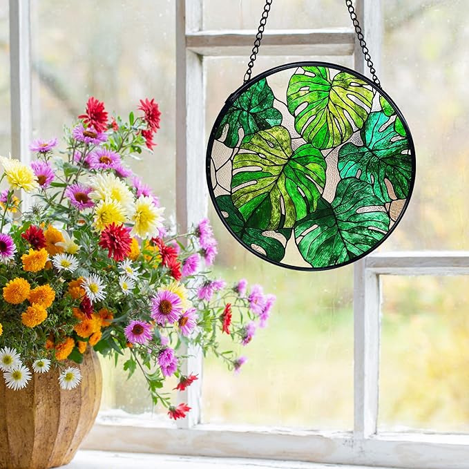 Monstera Leaf Plant Suncatchers Stained Glass Window Hanging, Monstera Decor Sun Catchers Indoor Window Glass Round Wall Decor, Plant Lovers Gifts Wall Hanging Decorations, 7.9x7.9in