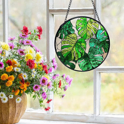 Monstera Leaf Plant Suncatchers Stained Glass Window Hanging, Monstera Decor Sun Catchers Indoor Window Glass Round Wall Decor, Plant Lovers Gifts Wall Hanging Decorations, 7.9x7.9in