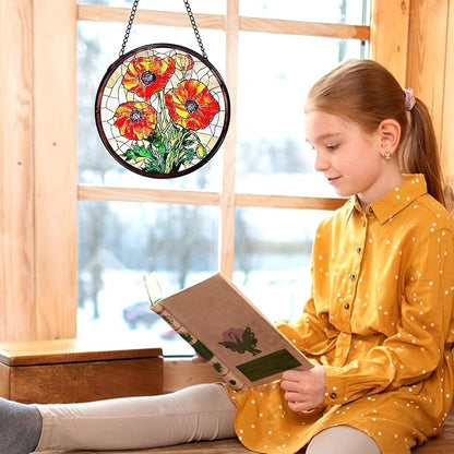 kdqua Poppy Flower Suncatcher Stained Glass Window Hanging, Poppy Flower Gifts Sun Catchers Indoor Window Glass Round Wall Decor, Orange Floral Wall Art Hanging Decorations Statues, 7.9x7.9in