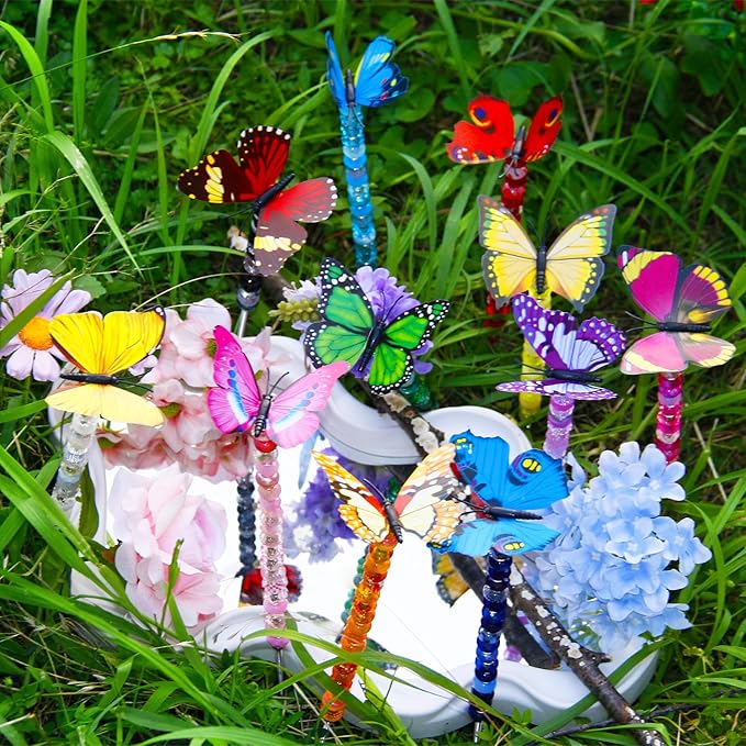 145 PCS Beaded Garden Stakes Kit, DIY Fairy Wand Garden Stake Beads Kits with Assortment Large Hole Beads 6 Colored Random Style Butterfly Tops and Threaded Rods for Outdoor Indoor Decor