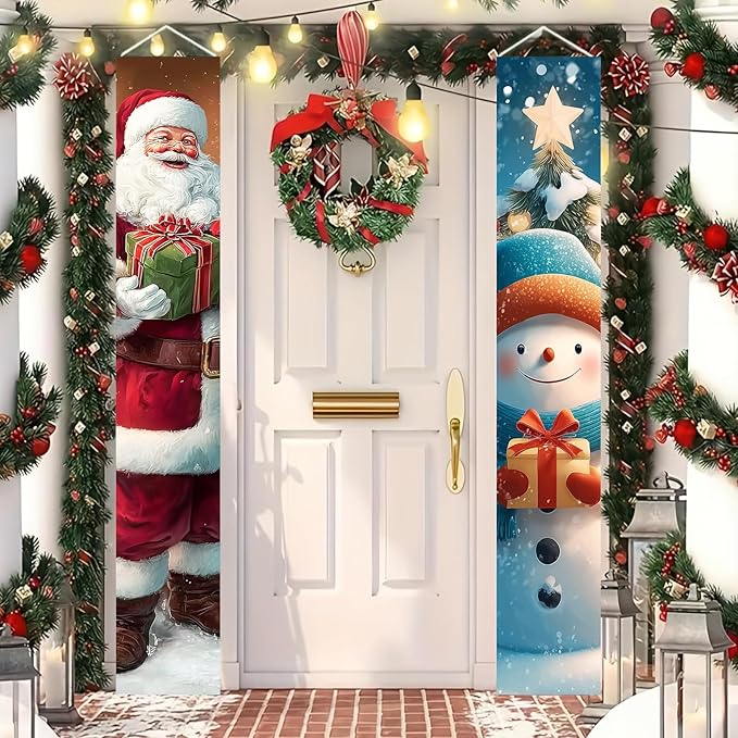 BlissYard Christmas Banner 12x71 Santa Claus Snowman Decorations Merry Christmas Porch Sign Christmas Door Banner Winter Hanging Banner Front Door Decor Outdoor Holiday Welcome Home Yard Entryway