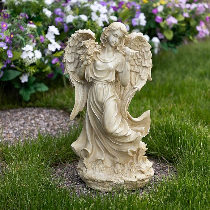 Northlight 18" Heavenly Gardens Distressed Almond Brown Angel with Bird and Bouquet Outdoor Patio Garden Statue