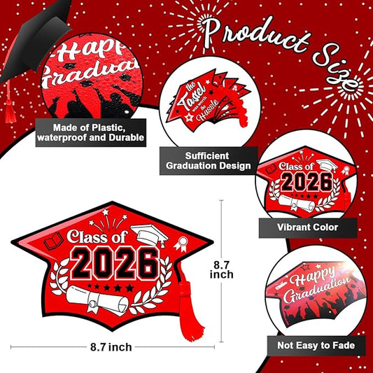 Chunful 12 Pack Graduation Yard Signs Grad Decoration 2026 Happy Graduate Lawn Garden Sign with Stake Congrats Outdoor Plastic Cap Hanging Ornament for Class Pathway Walkway Porch Party(Red)