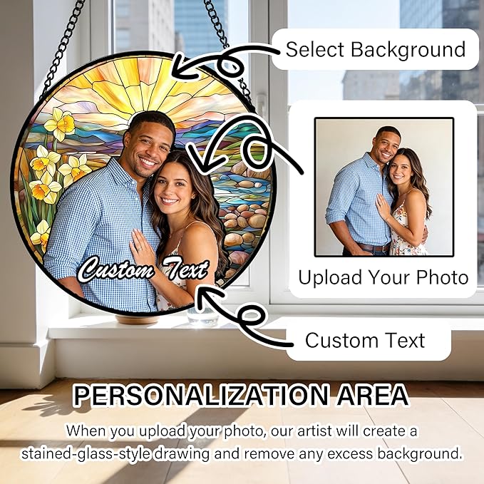 Personalized Custom Photo Boy Mom Stained Glass Window Hanging - Customized Ornaments Memorial Gifts Suncatchers Christmas Birthday Mother's Day for Lovers Women Men Dad Mom Grandma
