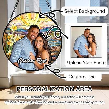 Personalized Custom Photo Boy Mom Stained Glass Window Hanging - Customized Ornaments Memorial Gifts Suncatchers Christmas Birthday Mother's Day for Lovers Women Men Dad Mom Grandma