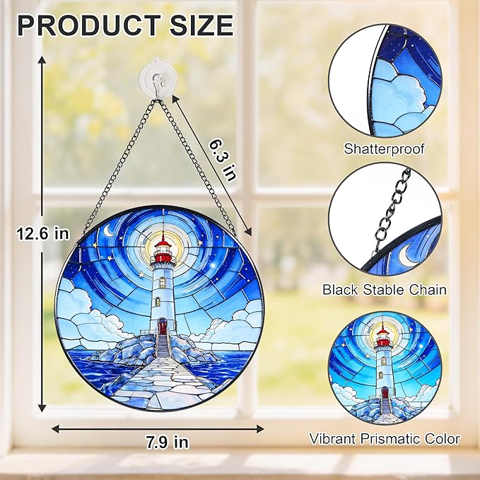 Stained Glass Window Hanging Suncatchers with American White a Serene Lighthouse 12.6", Vibrant Glass Panel with Metal Chain for Home Decor Gift for Women Mother's Day, Birthday, Men, and Mom