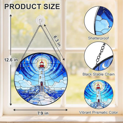 Stained Glass Window Hanging Suncatchers with American White a Serene Lighthouse 12.6", Vibrant Glass Panel with Metal Chain for Home Decor Gift for Women Mother's Day, Birthday, Men, and Mom