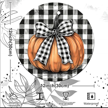 Vintage Pumpkin Fall Round Metal Sign Pumpkin Thanksgiving Day Sign Farmhouse Rustic Wreath Wall Decoration for Indoor Outdoor Home Porch Window Decor 12 Inch