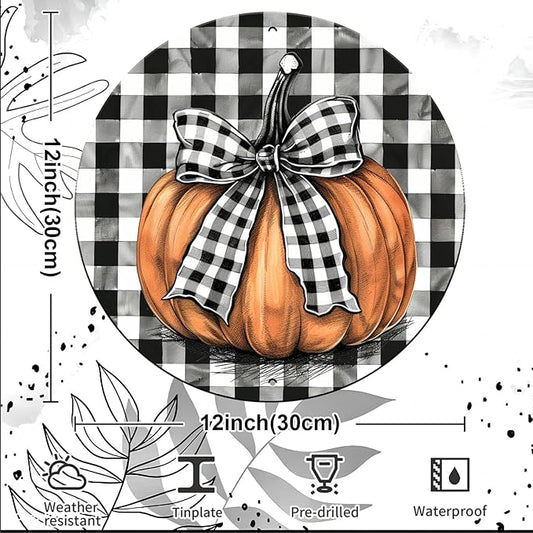 Vintage Pumpkin Fall Round Metal Sign Pumpkin Thanksgiving Day Sign Farmhouse Rustic Wreath Wall Decoration for Indoor Outdoor Home Porch Window Decor 12 Inch