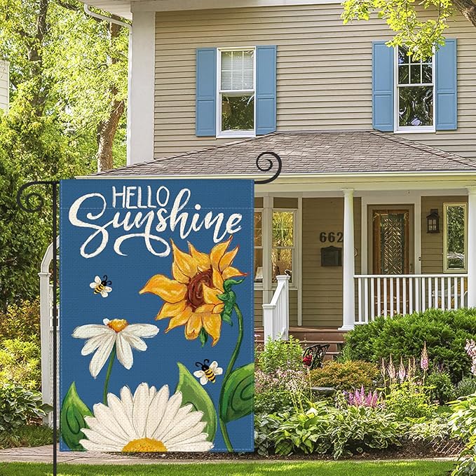 AVOIN colorlife Daisy Sunflower Hello Sunshine Garden Flag 12x18 Inch Double Sided, Summer Seasonal Holiday Burlap Yard Outdoor Decoration Blue