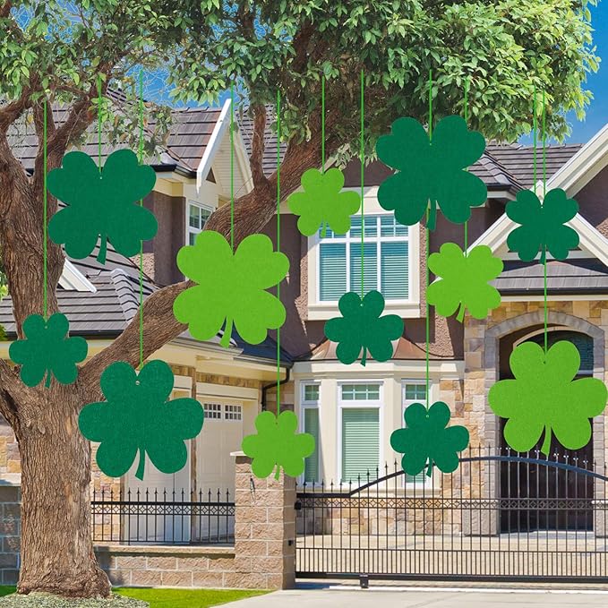 Whaline 24 Pcs Felt Hanging Shamrock St. Patrick's Day Lawn Decorations Indoor Outdoor Irish Clover Sign Decor for St. Patrick's Day Party Spring Holiday Ornaments
