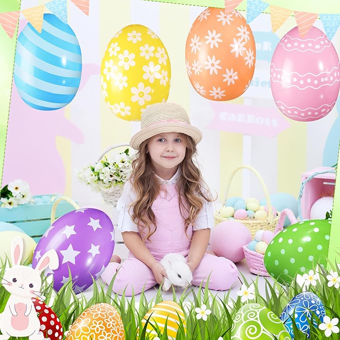 18 Pieces 12 Inch Inflatable Easter Eggs Easter Outdoor Yard Decoration Large Inflatable Hanging Eggs Ornaments Giant PVC Kids Toys for Garden Lawn Party Decor