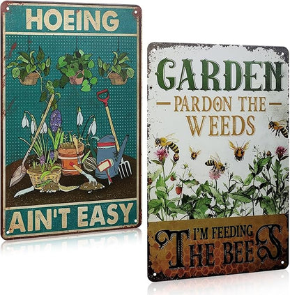 MorningRo 2 Pcs Funny Metal Tin Garden Sign 12'' x 8'' Gifts for Plant Lovers Women Grandma Mom Garden Decor Metal Tin Sign for Farmhouse Greenhouse Patio Yard Wall Decor Indoor Outdoor(Home, Bee)