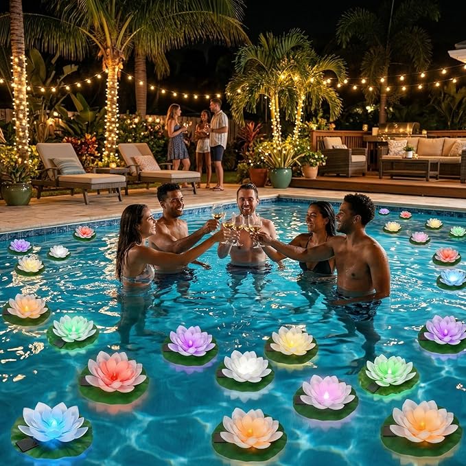 12 PCS Solar Powered Floating Lotus Lights - 7.09'' Waterproof Floating Flower Light, Solar Water Activated Colorful Pool Lotus Lamp for Garden Pond Wedding Anniversary Party Decor (Multicolor)
